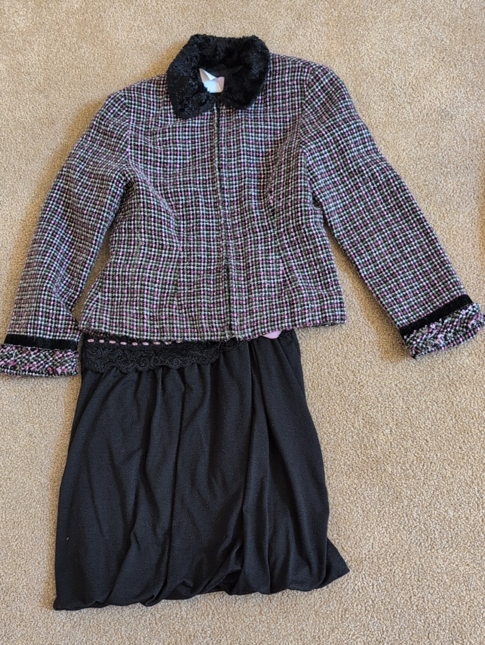 Lush Black and Pink Tweed Coat with Faux Fur Collar And A Black Balloon Skirt.